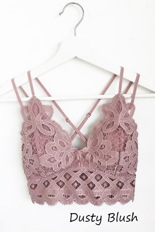 FLORAL LACE BRALETTE (DUSTY BLUSH) with adjustable straps and removable pads