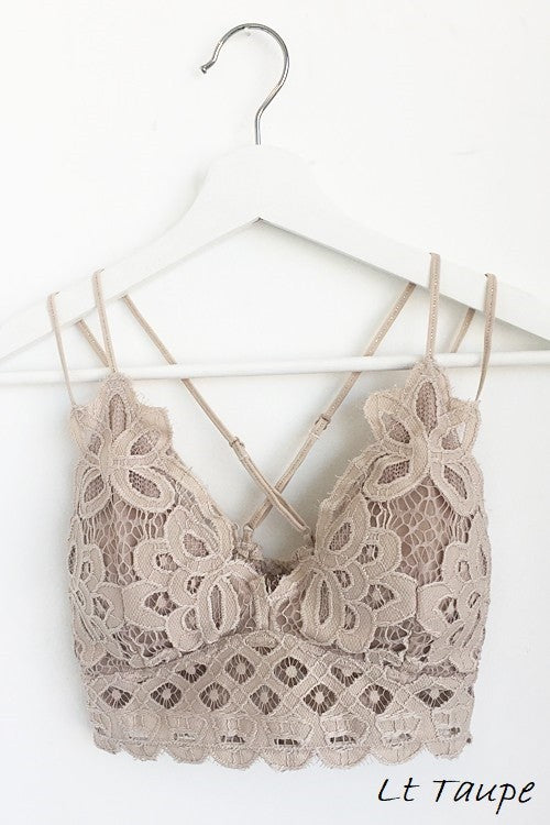 FLORAL CROCHET LACE BRALETTE WITH ADJUSTABLE CRISSCROSS BACK STRAPS in Light taupe