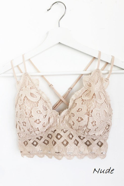 FLORAL CROCHET LACE BRALETTE WITH ADJUSTABLE CRISSCROSS BACK STRAPS in Nude