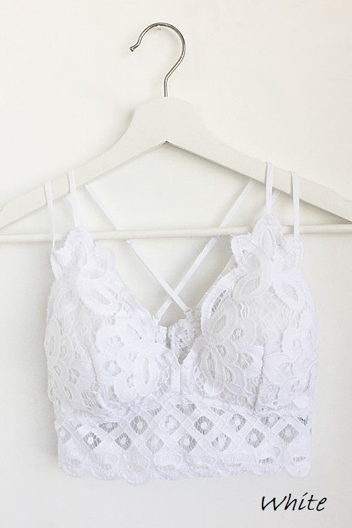 FLORAL LACE BRALETTE (WHITE) WITH ADJUSTABLE STRAPS AND REMOVEABLE PADS