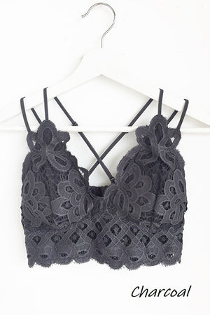 FLORAL LACE BRALETTE (CHARCOAL)Double strap scalloped lace bralette Double spaghetti shoulder straps that cross in the back Adjustable straps Smocked bandeau back Stretchable lace panel across the back Removable bra padding