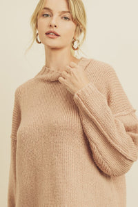 Pullover Knit Sweater Mock Neckline Long Sleeves in Blush color