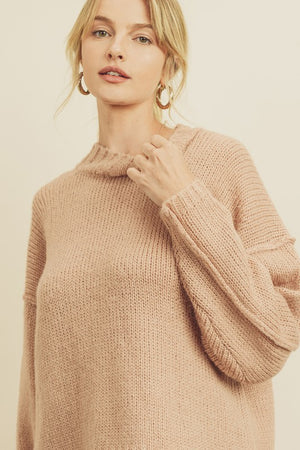 Pullover Knit Sweater Mock Neckline Long Sleeves in Blush color