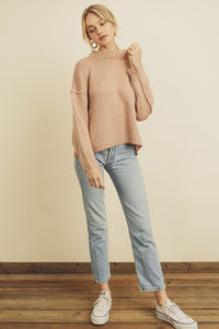 Pullover Knit Sweater Mock Neckline Long Sleeves in Blush color