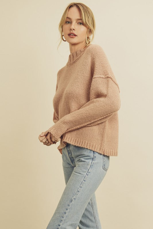 Pullover Knit Sweater Mock Neckline Long Sleeves in Blush color