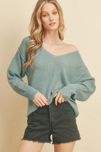 Pullover Knit Sweater Wide V-Neck Dotted Line Detail on Center Front Long Sleeves in Misty Blue