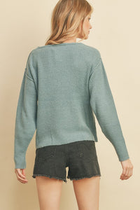 Pullover Knit Sweater Wide V-Neck Dotted Line Detail on Center Front Long Sleeves in Misty Blue