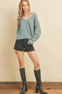 Pullover Knit Sweater Wide V-Neck Dotted Line Detail on Center Front Long Sleeves in Misty Blue