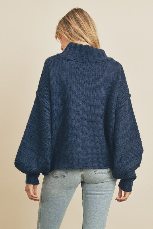 Navy Turtleneck Pullover Knit Sweater Voluminous Long Bubble Sleeves