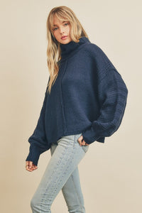 Navy Turtleneck Pullover Knit Sweater Voluminous Long Bubble Sleeves