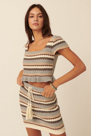 COTTON CROCHET CROP TOP in gray, charcoal, cream and mocha with ruffle at hemline and short sleeves
