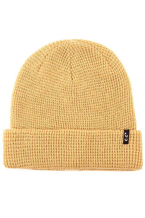 CC Waffle Knit Beanie with Roll-Up Cuff (CAMEL)