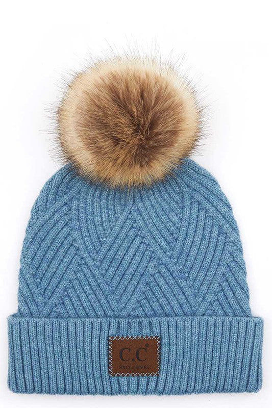 C.C BEANIE WITH faux fur POM (STEEL BLUE)