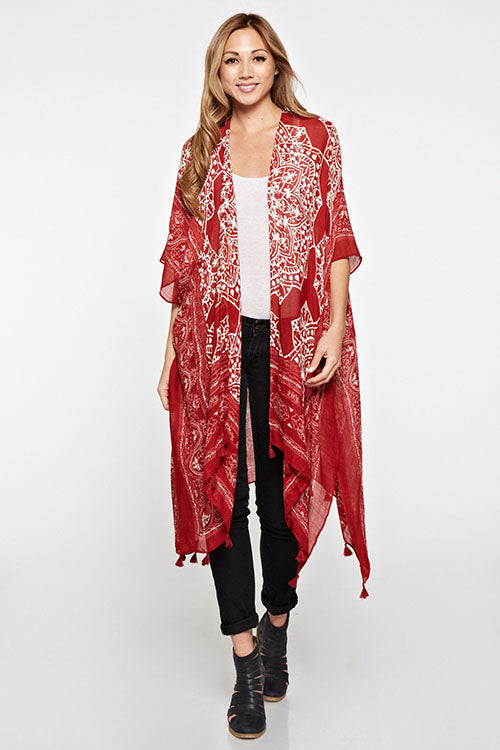 MEDALLION PRINTED KIMONO W/ MINI TASSEL HEM (RED/BONE)