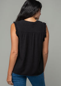 SHORT SLEEVE LINEN TOP (BLACK) with ruffle detail and v-neckline