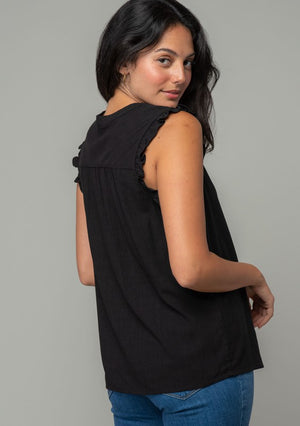 SHORT SLEEVE LINEN TOP (BLACK) with ruffle detail and v-neckline