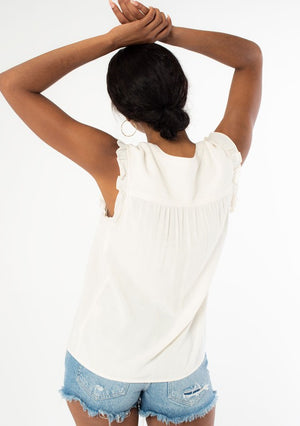SHORT SLEEVE LINEN TOP (IVORY) with ruffle detail on sleeve and v-neckline