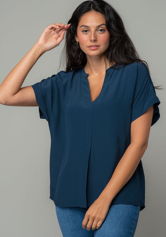 SILKY SPLIT NECK TOP WITH front PLEAT in midnight navy