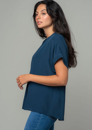 SILKY SPLIT NECK TOP WITH front PLEAT in midnight navy
