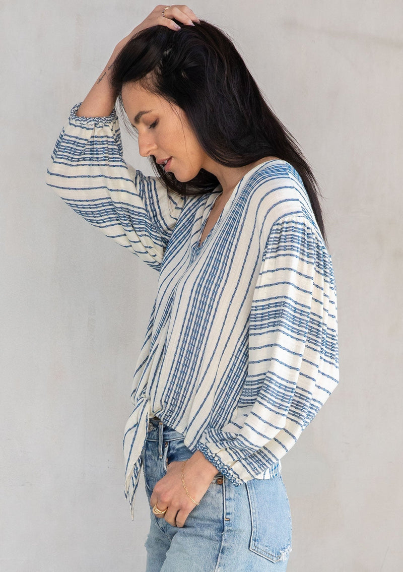 Yarn Dye Vertical Stripes Tie Front Top, Waist Relaxed Fit 3/4 Length Voluminous Sleeves Elastic Cuff Hip Length V-Neckline Color:  Natural/Indigo