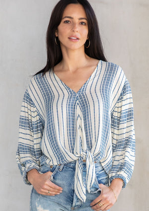 Yarn Dye Vertical Stripes Tie Front Top, Waist Relaxed Fit 3/4 Length Voluminous Sleeves Elastic Cuff Hip Length V-Neckline Color:  Natural/Indigo