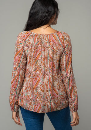 LONG SLEEVE RAGLAN BLOUSE in a paisley print with keyhole neckline with button closure