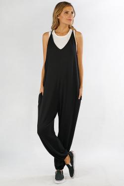 Black Racerback French Terry Jumpsuit with Spaghetti Straps with Tie Back Detail at Neckline