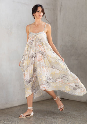 FLORAL PRINT TIE-FRONT TIERED RUFFLE MAXI DRESS Maxi Length  Jacquard Dot Adjustable Spaghetti Straps Ruffle Detail Tiered Skirt Sweetheart Neckline Tie Front Empire Waist Side Pockets Unlined, Semi Sheer Color:  Taupe/Mustard/Ivory