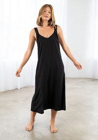 Black Linen Blend Sleeveless Open Back Midi Dress with side pockets 