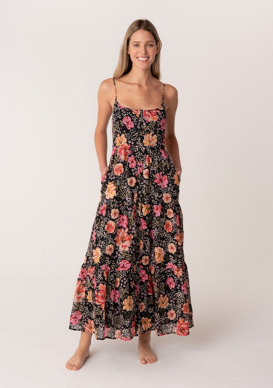black with fuchsia and orange floral print maxi dress with adjustable spaghetti straps side pockets, button front and smocked  bust