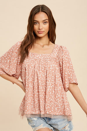 CORAL FLORAL PRINT FLUTTER SLEEVE TOP WITH TIE BACK