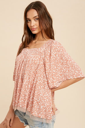 CORAL FLORAL PRINT FLUTTER SLEEVE TOP WITH TIE BACK