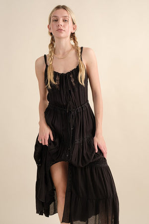 TIERED RUFFLE MAXI DRESS (BLACK) with lace insets