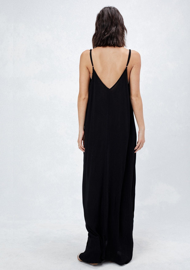 black maxi dress with pockets and adjustable spaghetti straps