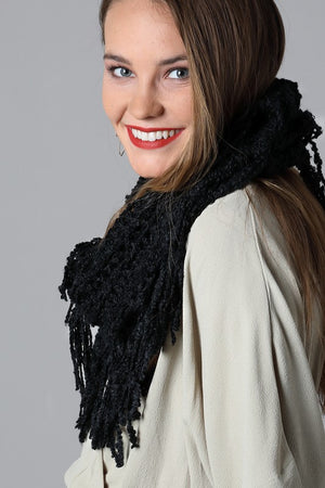 Net boucle infinity scarf with fringe in black