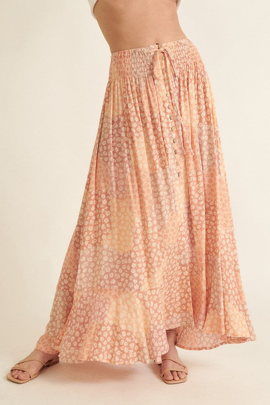 PATCHWORK BUTTON FRONT SMOCKED MAXI SKIRT in peach