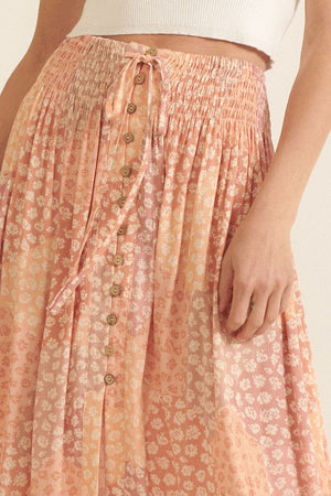 PATCHWORK BUTTON FRONT SMOCKED MAXI SKIRT in peach