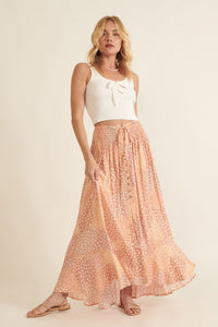 PATCHWORK BUTTON FRONT SMOCKED MAXI SKIRT in peach