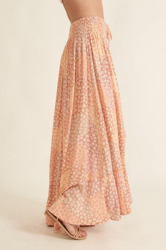 PATCHWORK BUTTON FRONT SMOCKED MAXI SKIRT in peach
