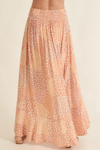 PATCHWORK BUTTON FRONT SMOCKED MAXI SKIRT in peach