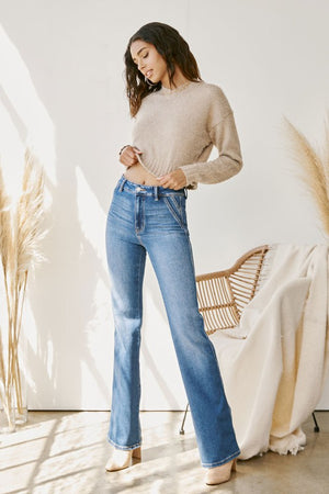 ULTRA HIGH RISE SLIM FLARE JEANS (MED WASH) with faux pockets