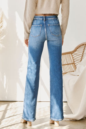 ULTRA HIGH RISE SLIM FLARE JEANS (MED WASH) with faux pockets