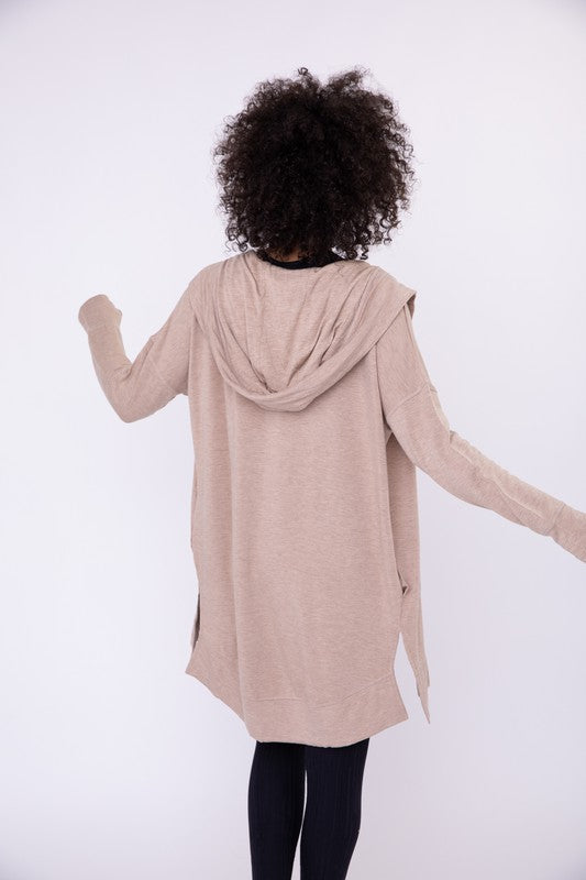 LONGLINE HOODED CARDIGAN WITH POCKETS (NATURAL) with side pockets