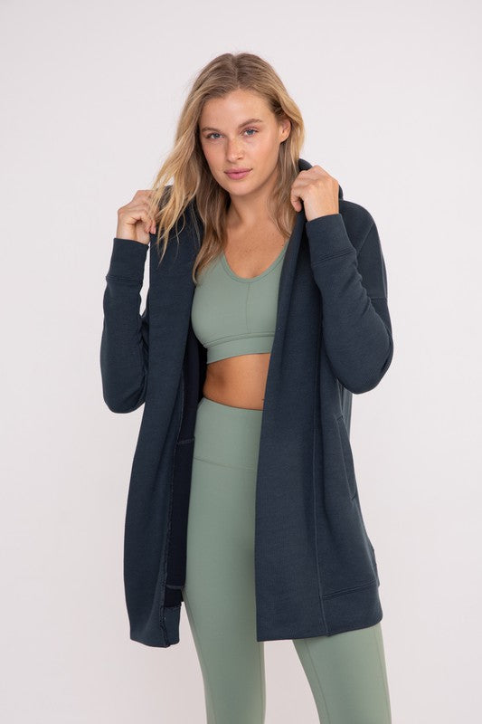 LONGLINE HOODED RIBBED CARDIGAN WITH POCKETS (DARK TEAL)