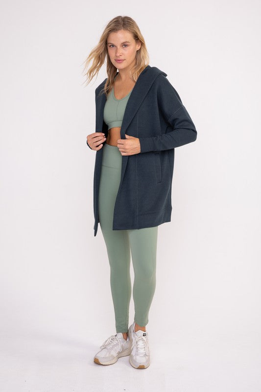 LONGLINE HOODED RIBBED CARDIGAN WITH POCKETS (DARK TEAL)