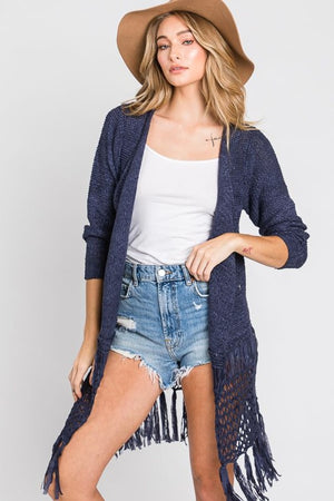 LOOSE KNIT FRINGE CARDIGAN in denim blue with open front