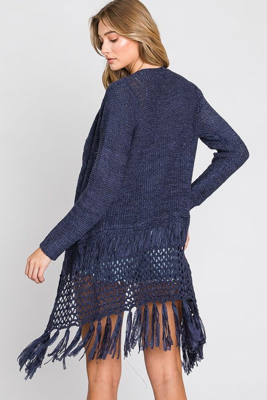 LOOSE KNIT FRINGE CARDIGAN in denim blue with open front