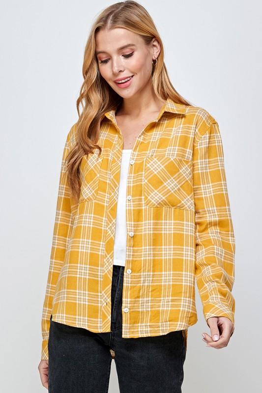 LIGHTWEIGHT PLAID BUTTON DOWN TOP (MUSTARD/BLUE)