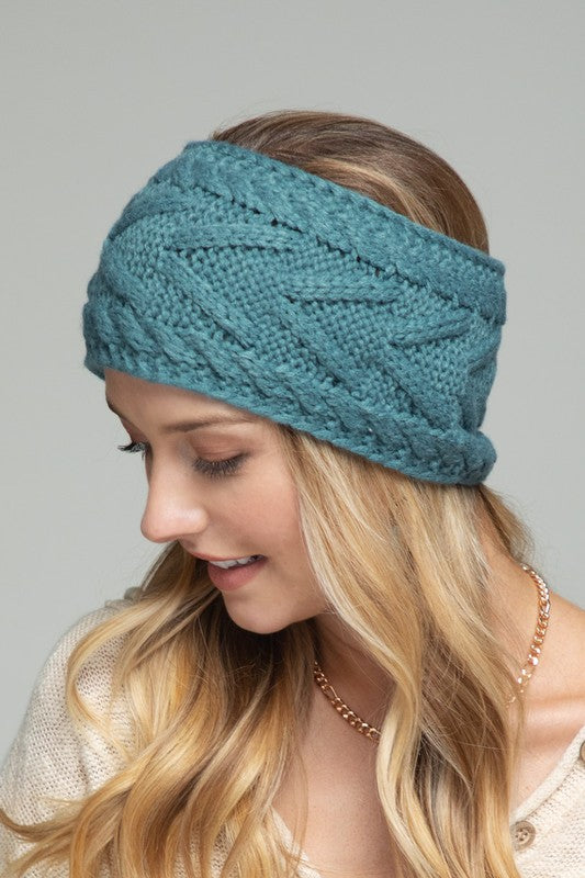 Soft cable knit headband in teal