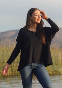 Classic Pullover Sweater Easy Casual Fit Semi-Cropped Length Scoop Neck Long Dolman Sleeves with ¾ Ribbed to Wrist Back Slit Detail Color:  Black  Fit:  True to Size  Fabric: 55% Nylon, 25% Viscose, 20% Modal